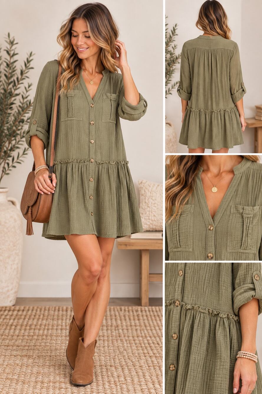 Maeve Anthropologie Katie Textured Utility Tunic Dress Size 4 Olive Green